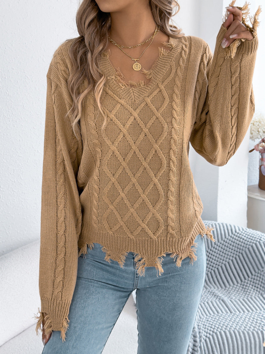 Camel v-neck sweater with pullover and cable knit