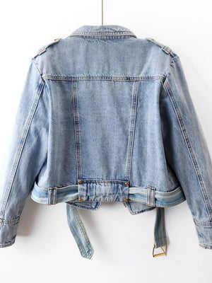 medium wash blue denim jacket with notched lapel and long sleeve