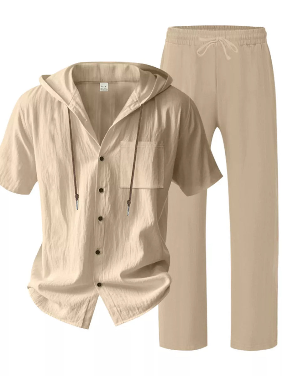 Men's Casual Hooded Short Sleeve Shirt & Pants Set in Light Blue