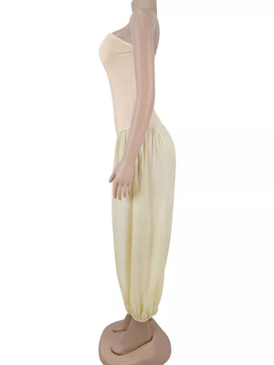 romantic jumpsuit in pale yellow with strapless