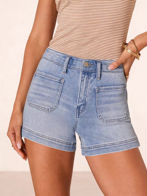 Light blue denim shorts with high waist and utility pockets.