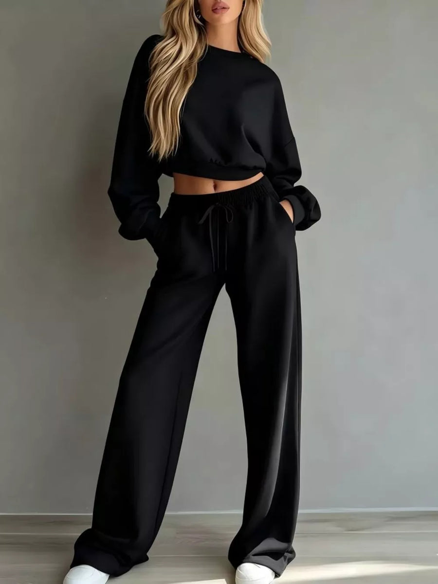 Round Neck Cropped Sweatshirt And Wide-leg Pants Set in Khaki with drawstring