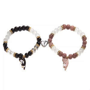 2 Piece 18k Gold-plated Beaded Cat Charm Bracelet in Style A with beaded