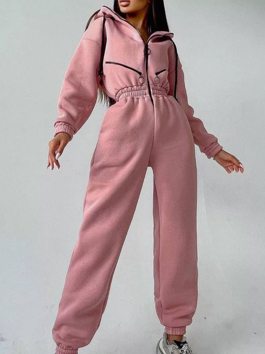 jumpsuit in sky blue with drawstring and full-length