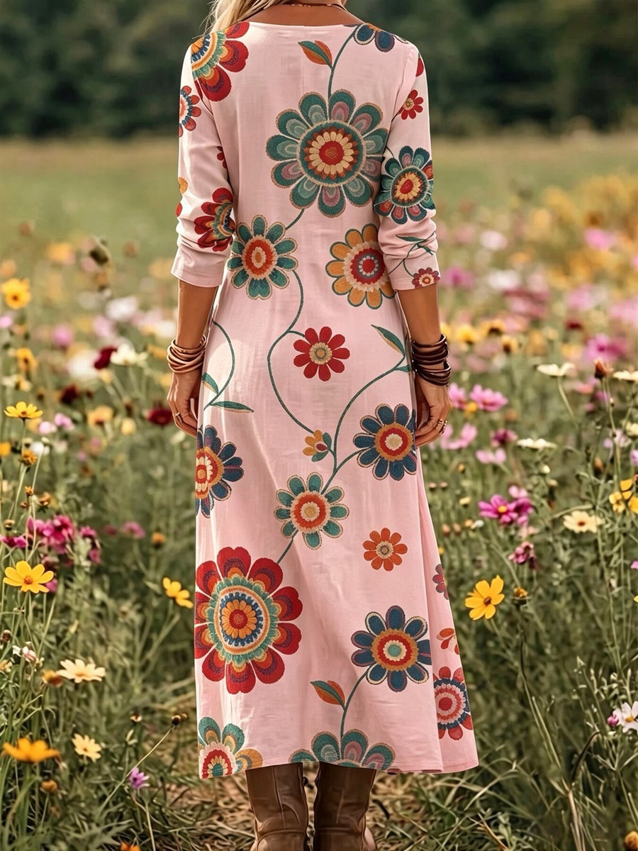 navy blue maxi dress with pullover and floral