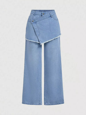 Blue wide-leg jeans with full-length and button-front