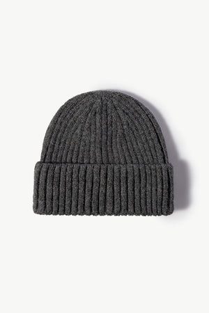 Chunky ribbed knit beanie in dark gray acrylic with a cuffed brim.