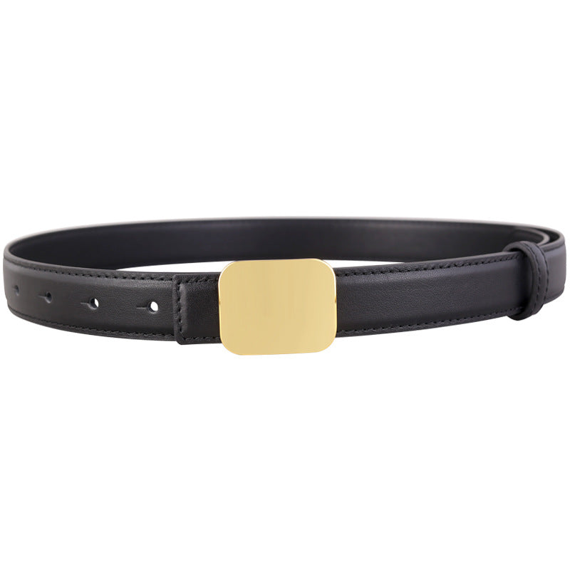 Black leather casual belt with a gold square buckle