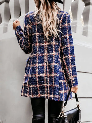 Plaid Tweed Double-breasted Coat in Dark Blue