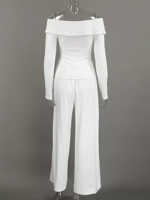 ivory off-shoulder top and wide-leg pants set with off-shoulder and long sleeve