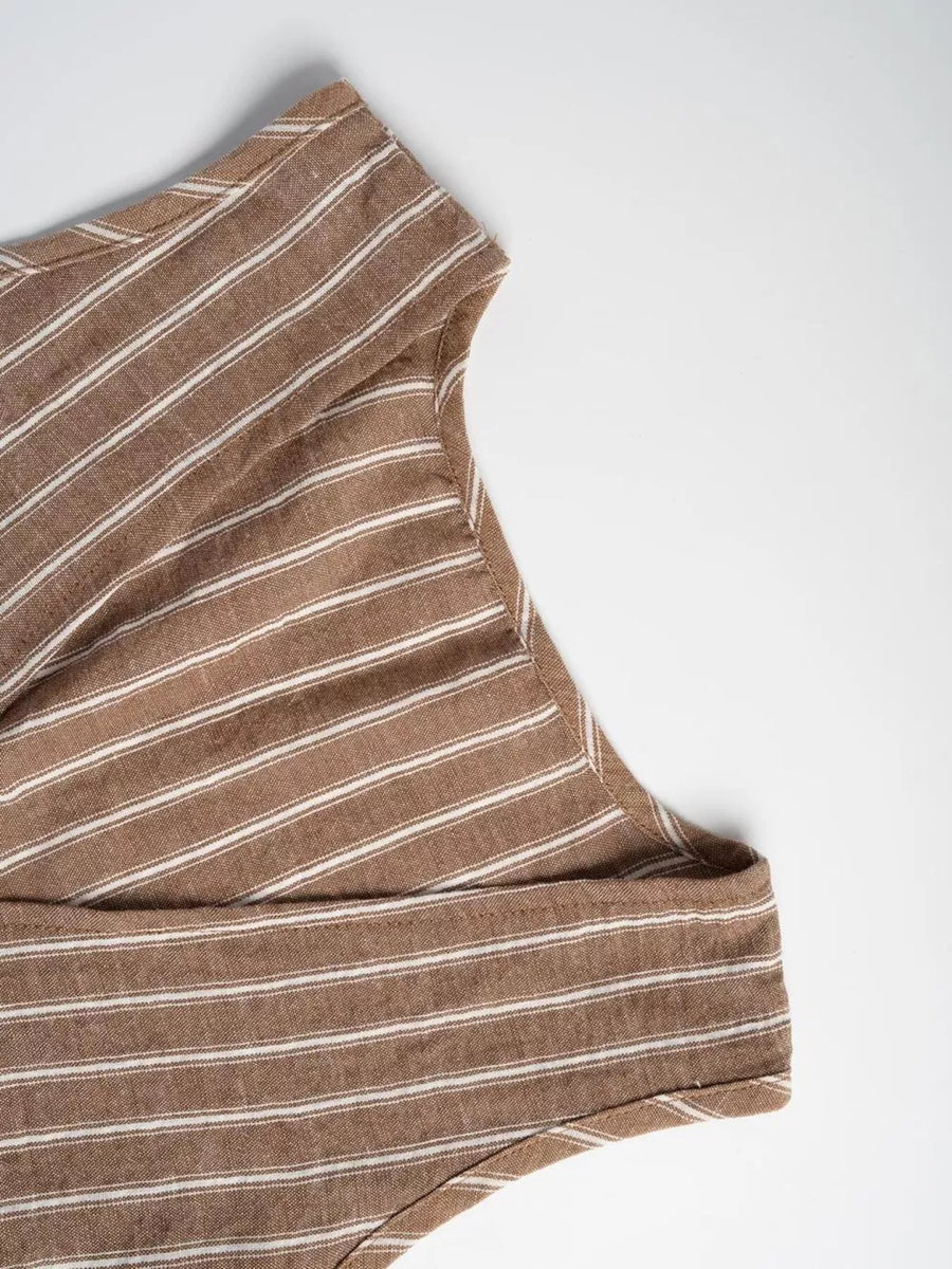 Chic striped two-piece set in camel with white pinstripes, featuring a tie-front detail.
