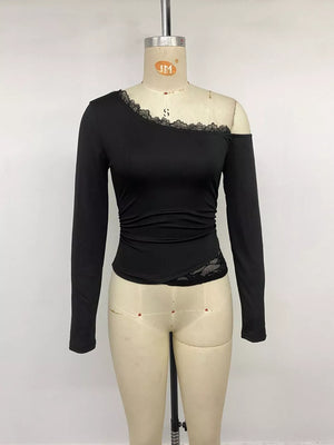 One-shoulder Lace Trim Slim Fit T-shirt in black