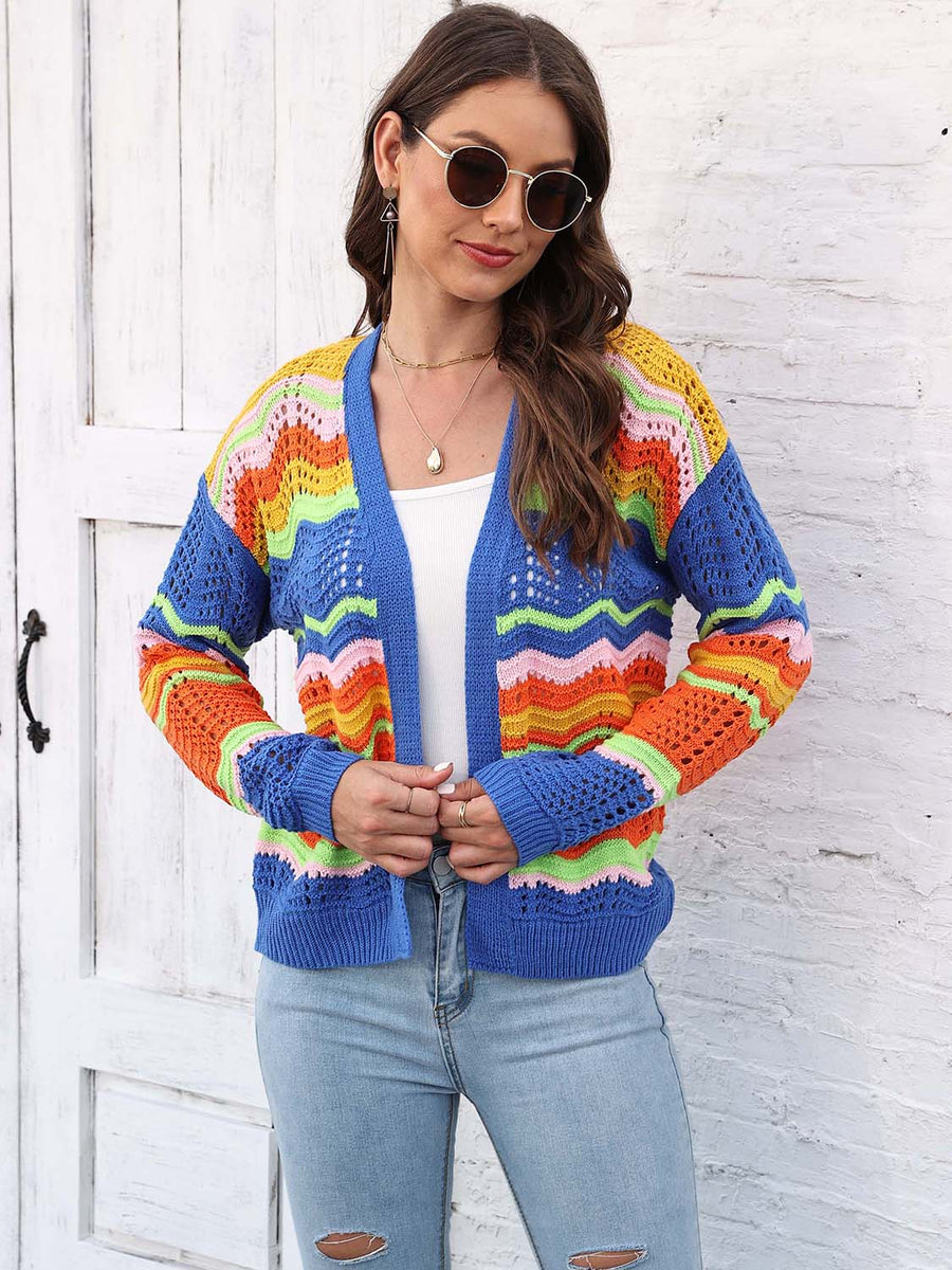 Rainbow Wave Crochet Cardigan in blue with colorful zigzag pattern, open front, long sleeves, acrylic