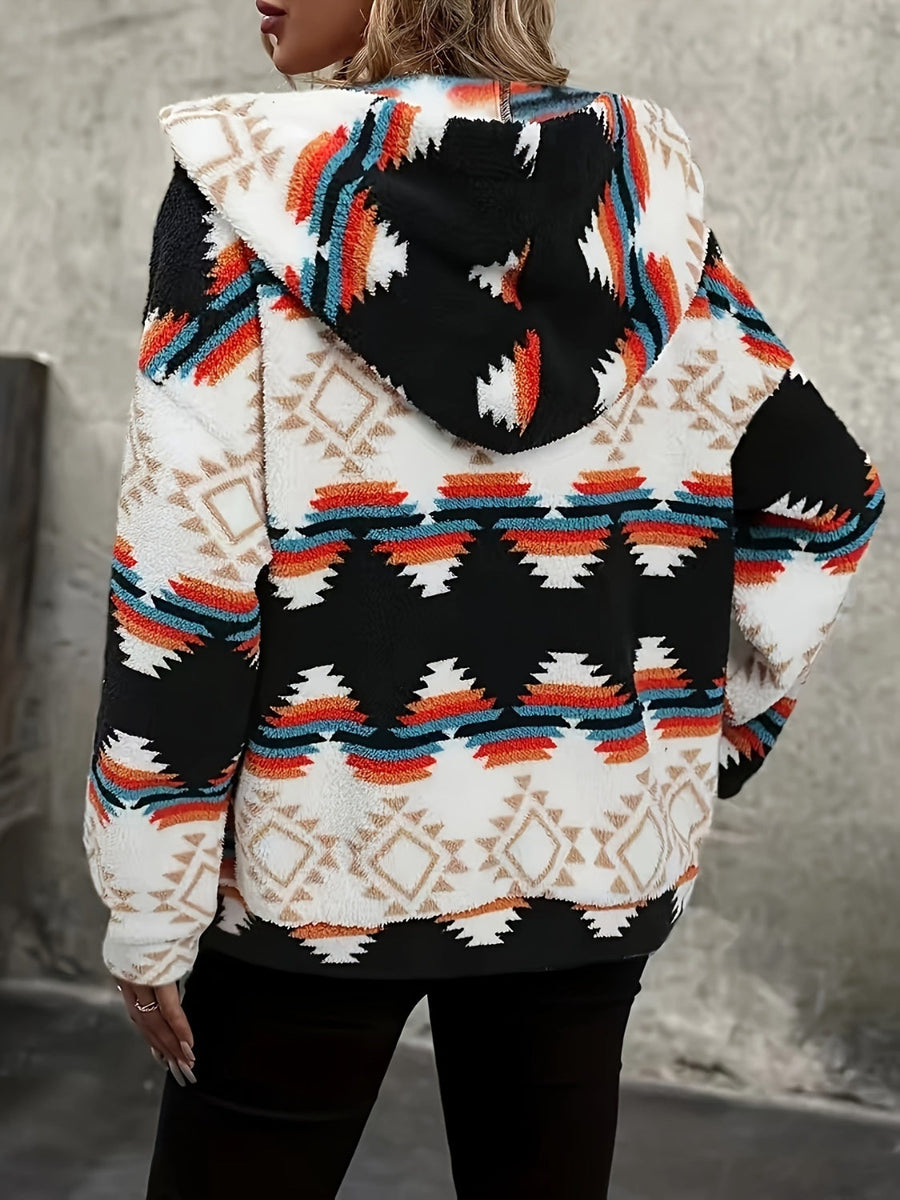 Black sherpa zip hoodie with Aztec geo-print and hood.