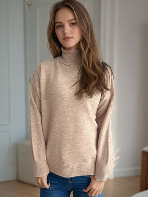 Camel relaxed fit turtleneck sweater with ribbed cuffs and hem