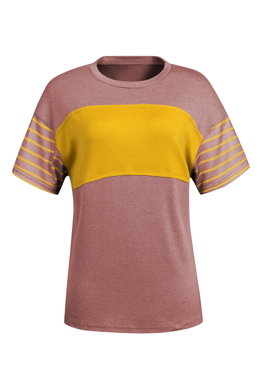 Colorblock raglan tee in dusty pink and yellow with striped sleeves and crewneck.