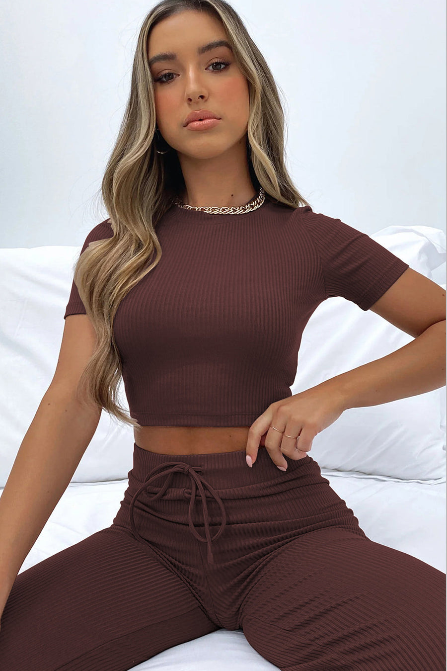 Camel ribbed crop top and wide leg set