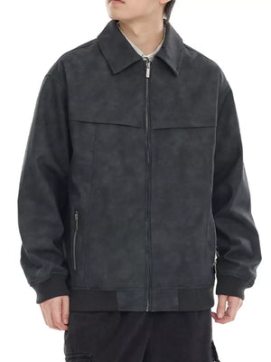 Gray bomber jacket with drop shoulders, zip front, and zippered pockets.