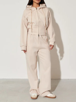 Apricot lounge set with cropped and zip-front, drawstring, elastic