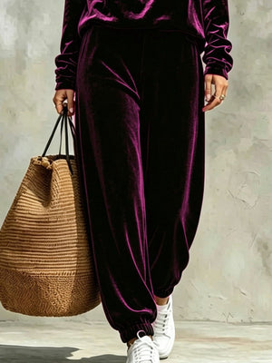 Velvet Cowl Neck Top And Pants Set Plus Size in Burgundy with plus-size
