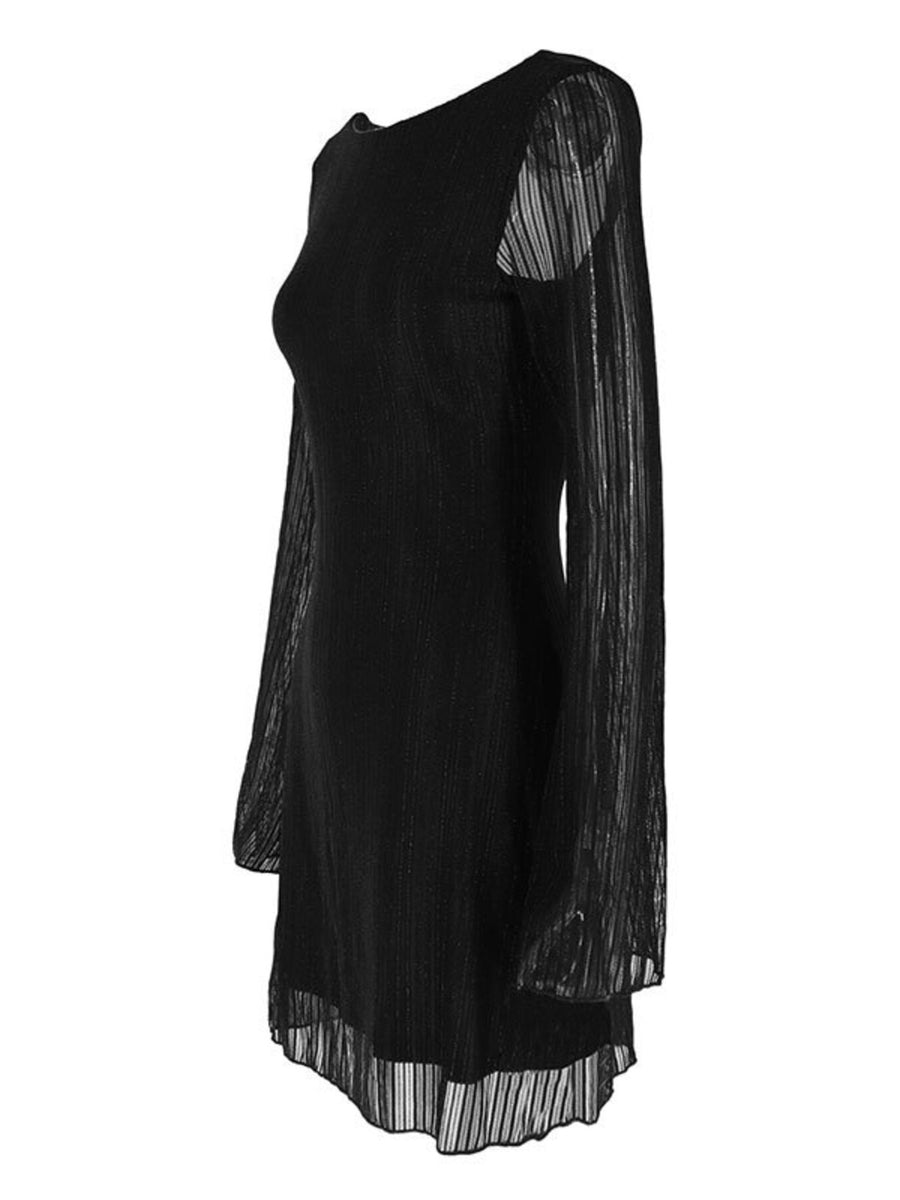 Black glitter dress with boat neckline and long sheer sleeves.