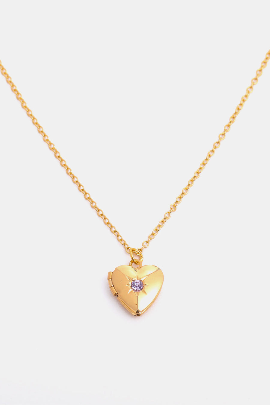 Gold heart locket necklace with purple gemstone and 14k gold chain