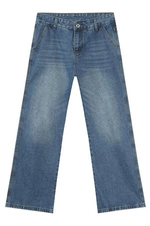 Medium wash denim jeans with a straight leg and pocket details.