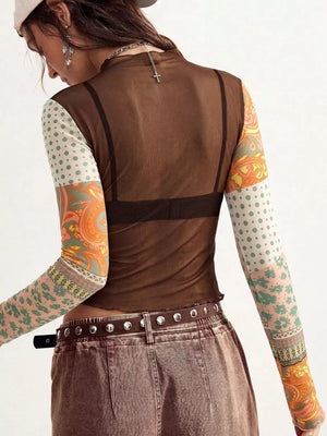 vintage-inspired blouse in Dark Brown with mock neck