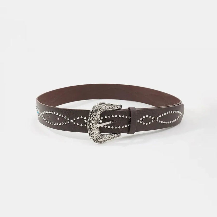 Brown faux leather western belt with silver studs and antique buckle detail.