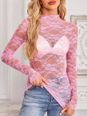 blouse in white with mock neck and long sleeve