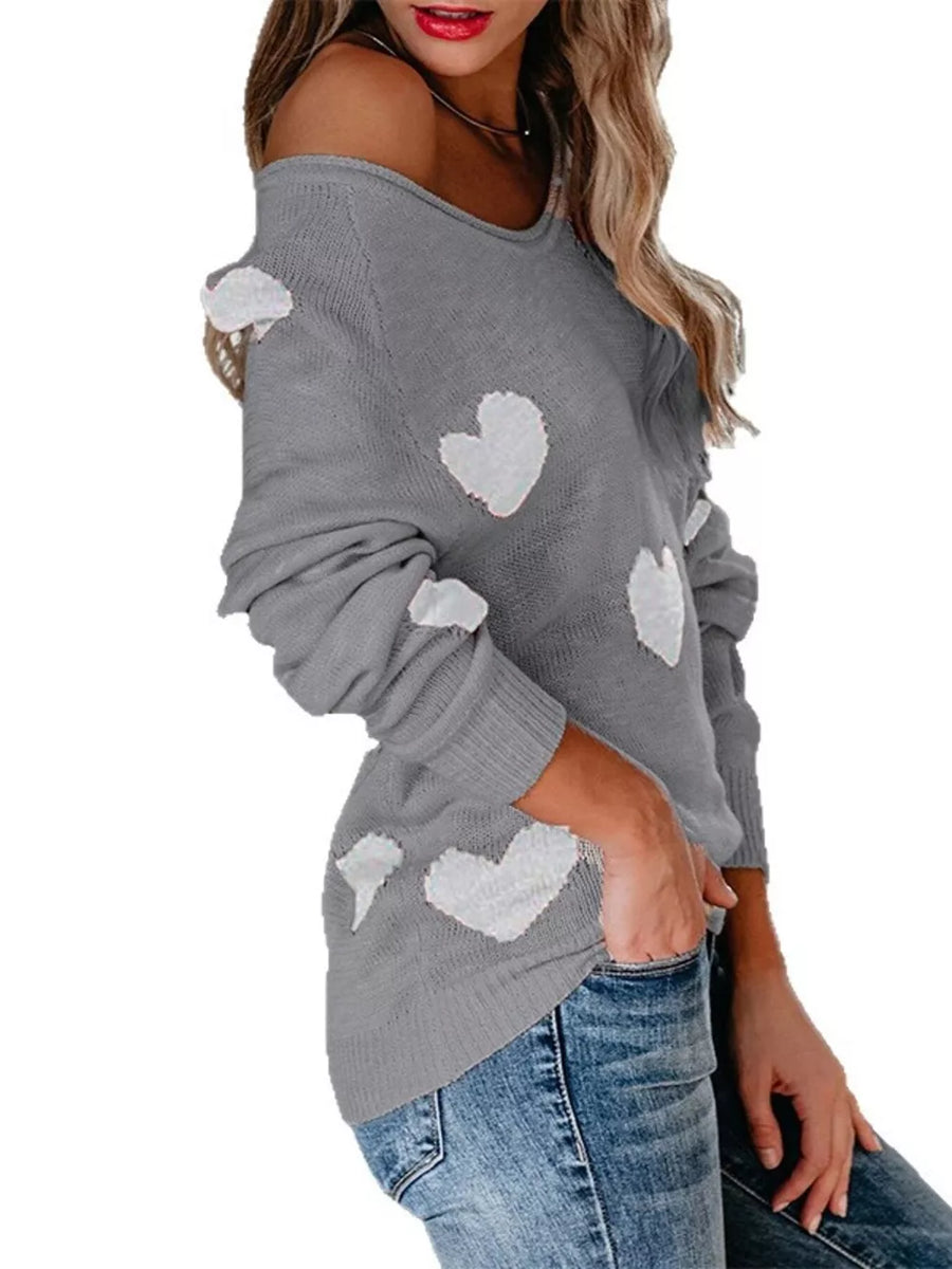 v-neck sweater featuring heart-print in oatmeal with 100% polyester Care instructions: Machine wash cold texture