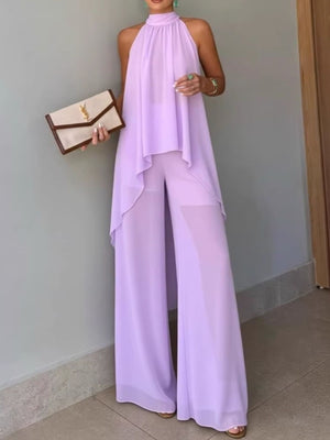 High-Low Sleeveless Top & Wide-Leg Pants Set in Navy Blue