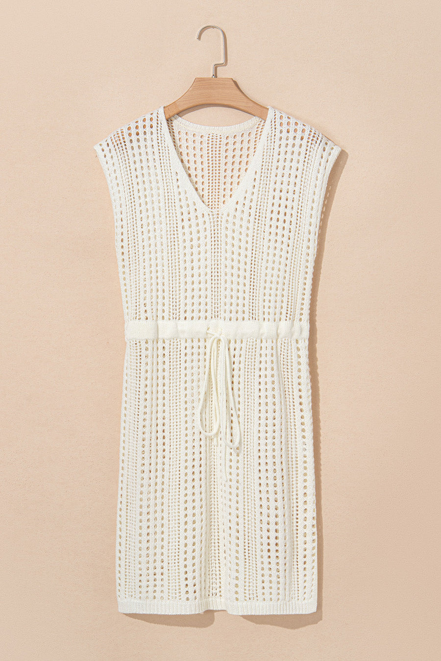 Beige open-knit mini dress with V-neck and drawstring waist