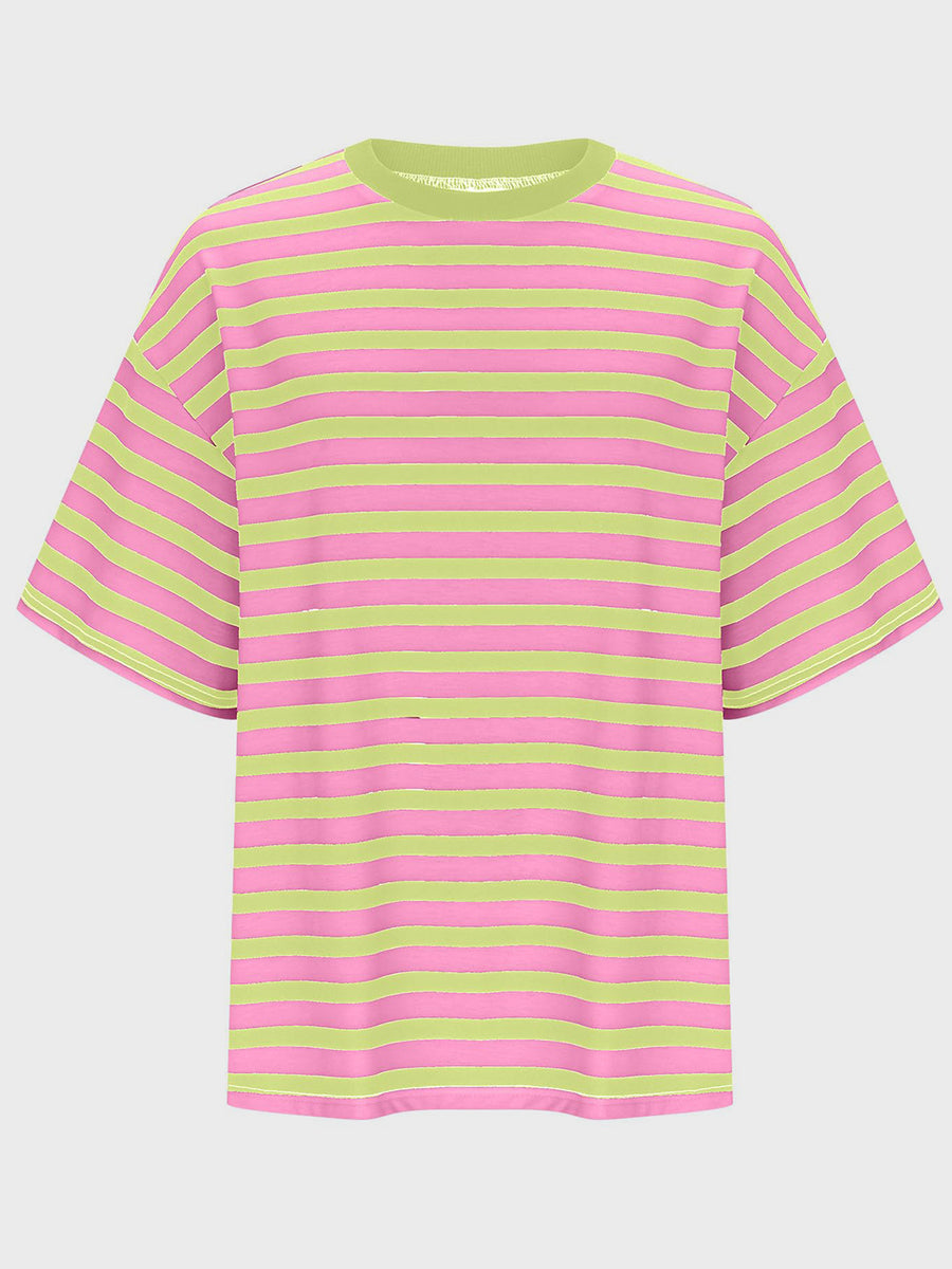 Oversized striped tee in pink and lime green with dropped sleeves and crew neck.