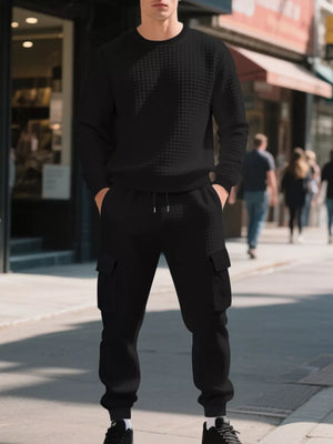 lounge set in Black with waffle knit and pocketed