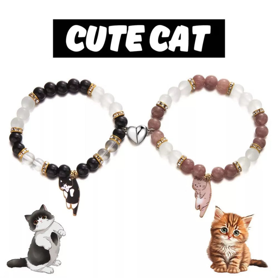 2 Piece 18k Gold-plated Beaded Cat Charm Bracelet in white with beaded