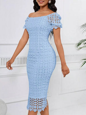 Light blue lace midi dress with off-the-shoulder neckline and short sleeves.