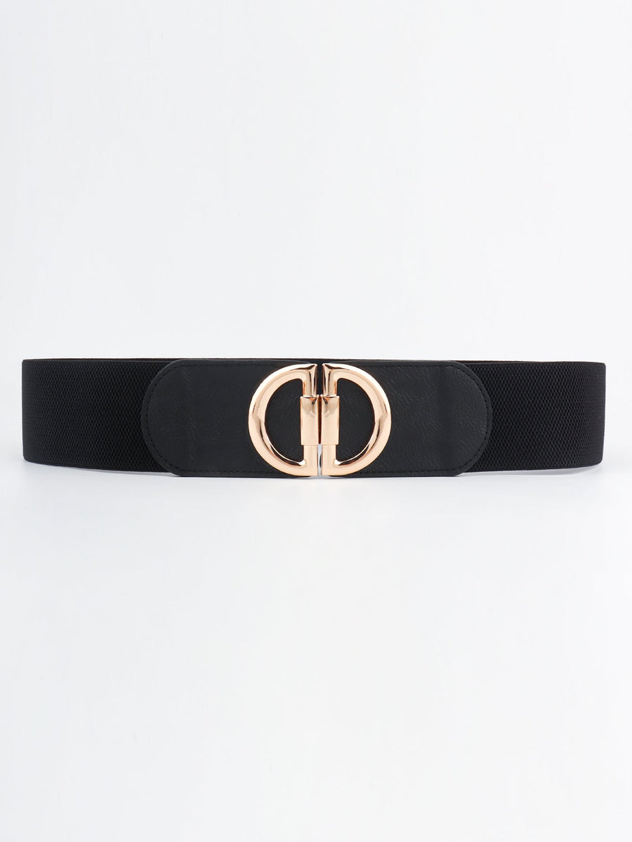 Black elastic belt with double D gold buckle