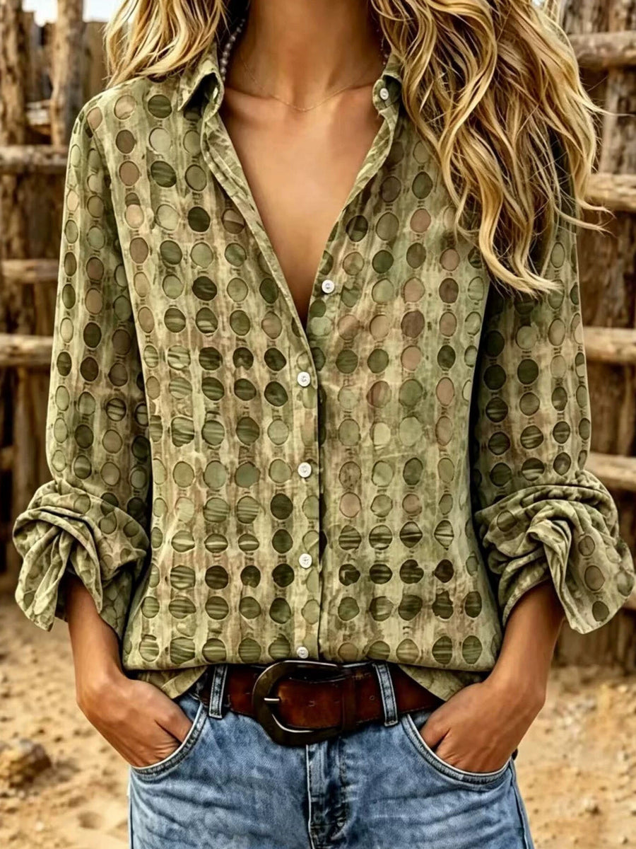 button-up shirt in Rust with geometric and buttoned