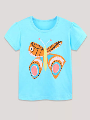 Blue cotton t-shirt with a colorful butterfly graphic, short sleeves, and round neckline.