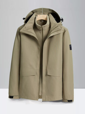 Men's tan hooded waterproof jacket with zip-out fleece liner and two front pockets.