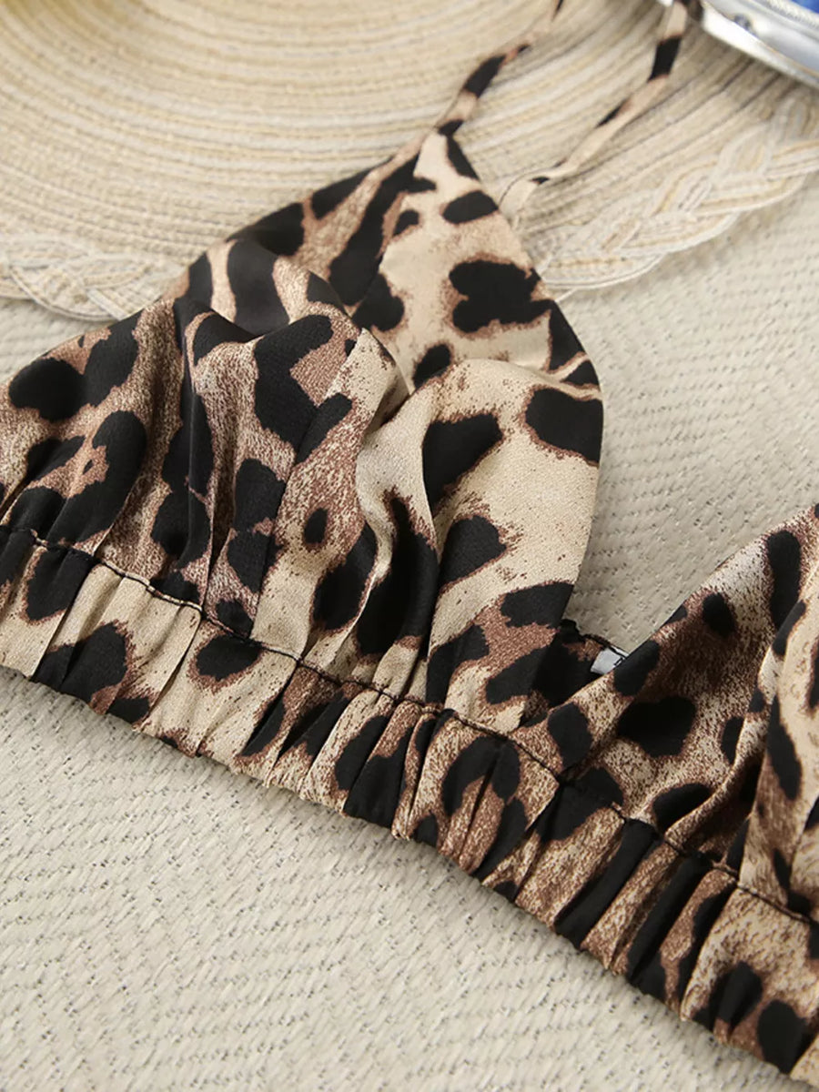 pajama set in tan with leopard-print and elastic waist