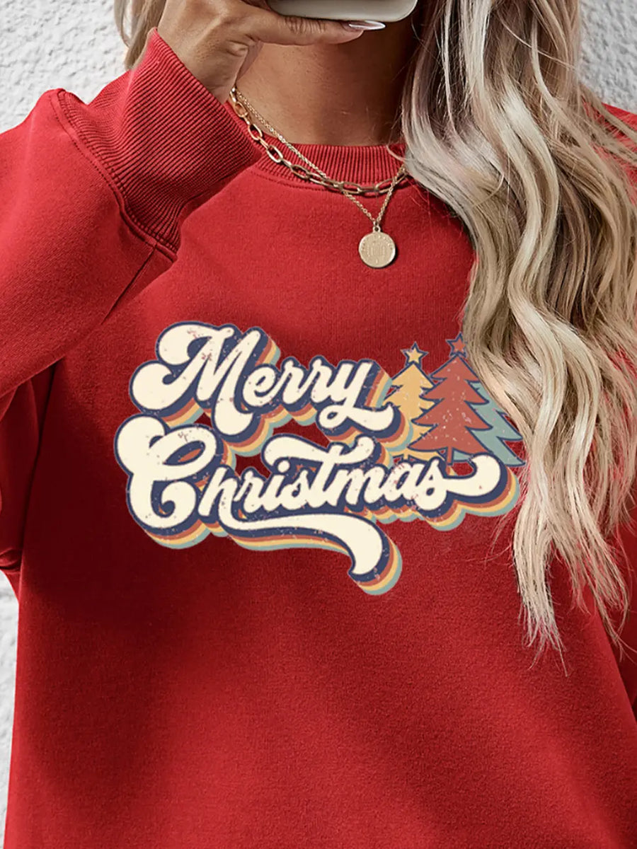 Deep Red crewneck sweatshirt with Merry Christmas graphic and festive trees.