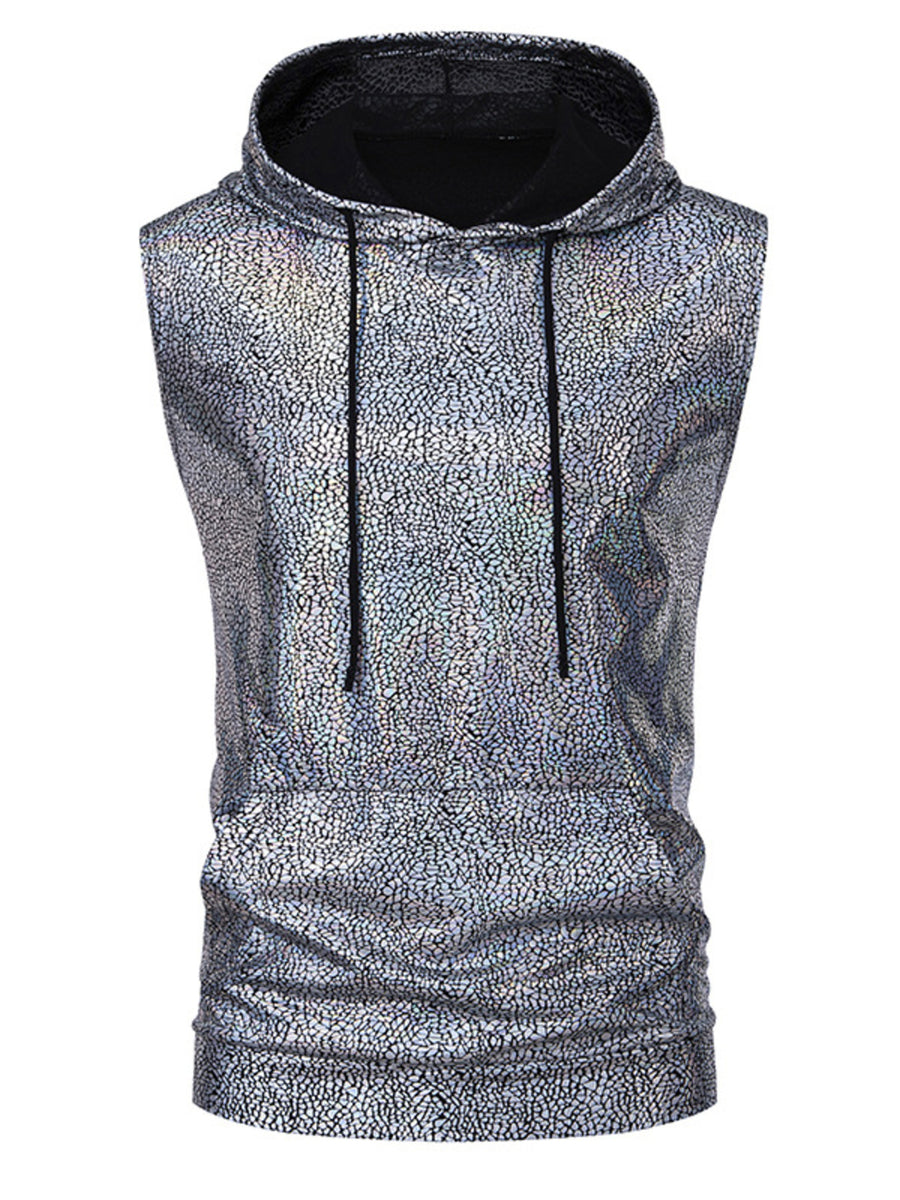 Iridescent silver sleeveless hooded tank top with black drawstring and cracked pattern.