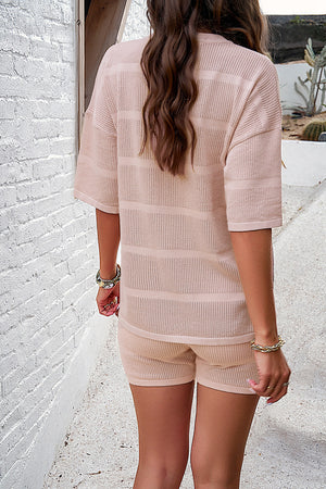 Blush pink textured knit tee and biker short set with horizontal stripe detail.