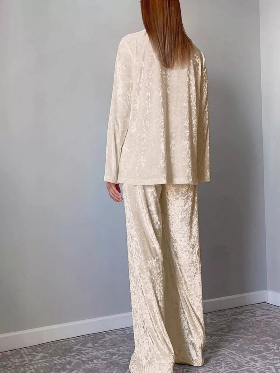 Beige lounge set featuring collared and crushed velvet texture