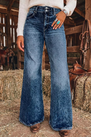 flare jeans in medium wash blue featuring buttoned and flared fit
