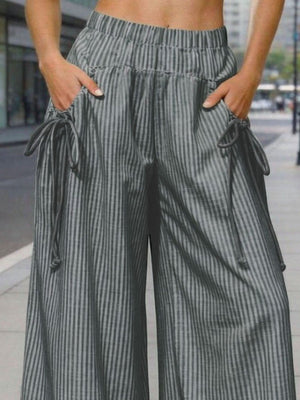 light gray wide-leg pants featuring pocketed and striped