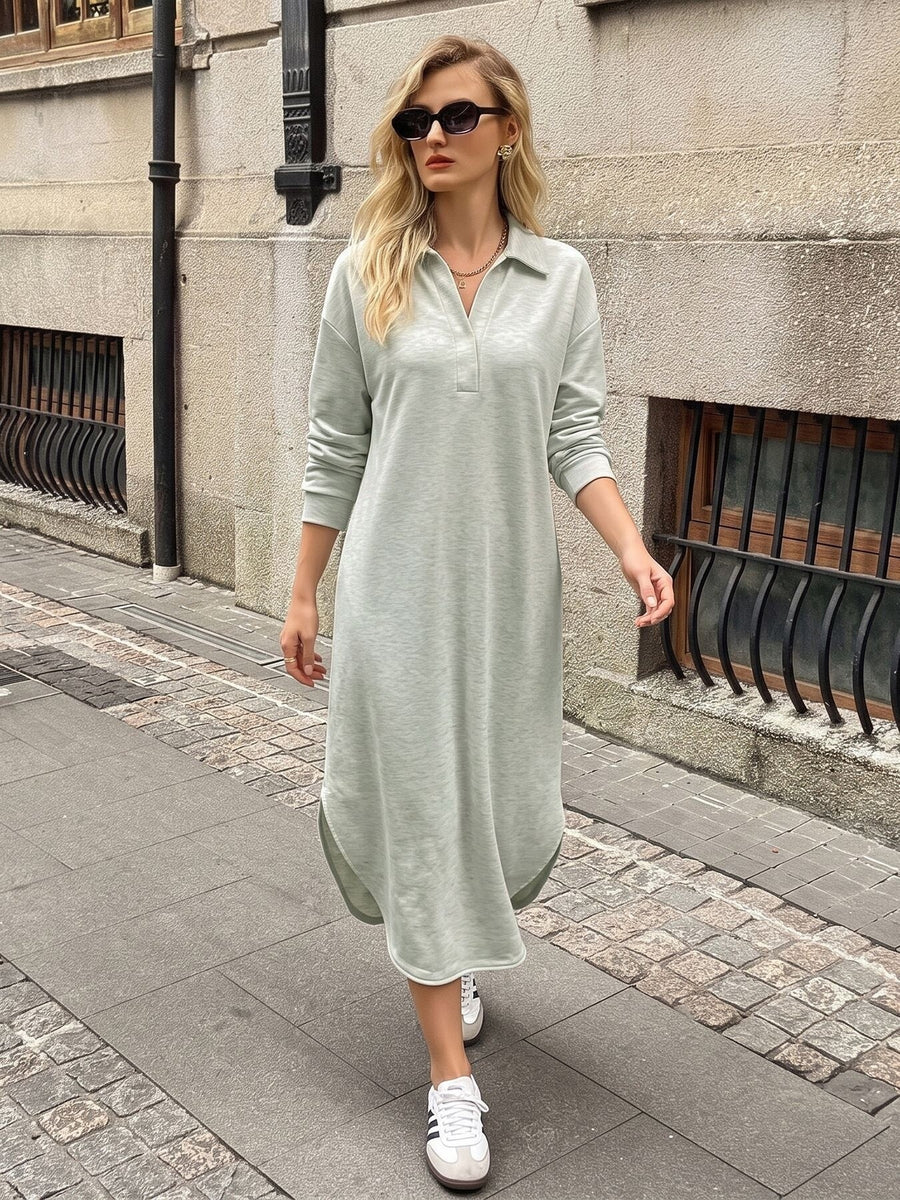 100% polyester Care instructions: Machine wash cold midi dress in Light Gray with relaxed silhouette