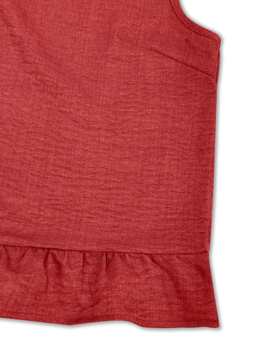 Red ruffled hem two-piece set top with textured fabric.